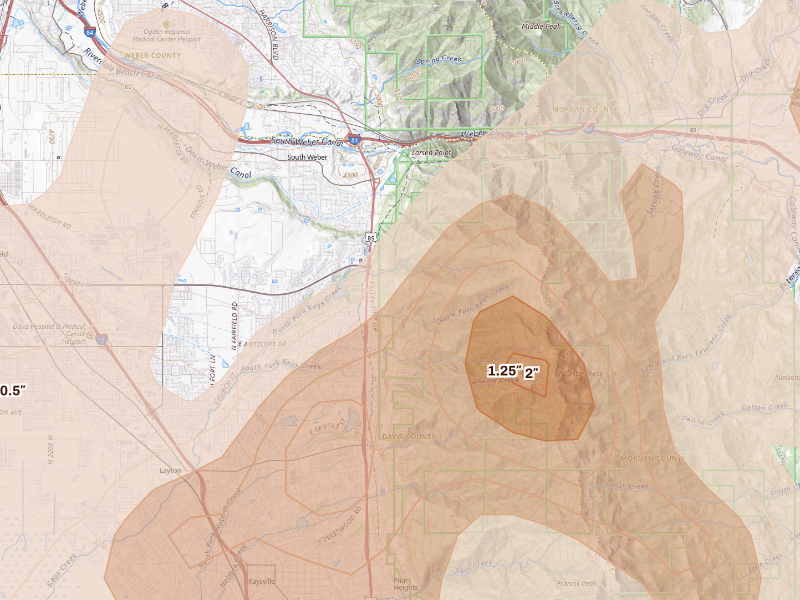 Radar-estimated hail-size map of the storm over Layton, UT