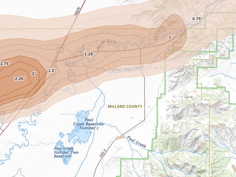Radar-estimated hail-size map of the storm over Leamington, UT on Aug 29, 2026
