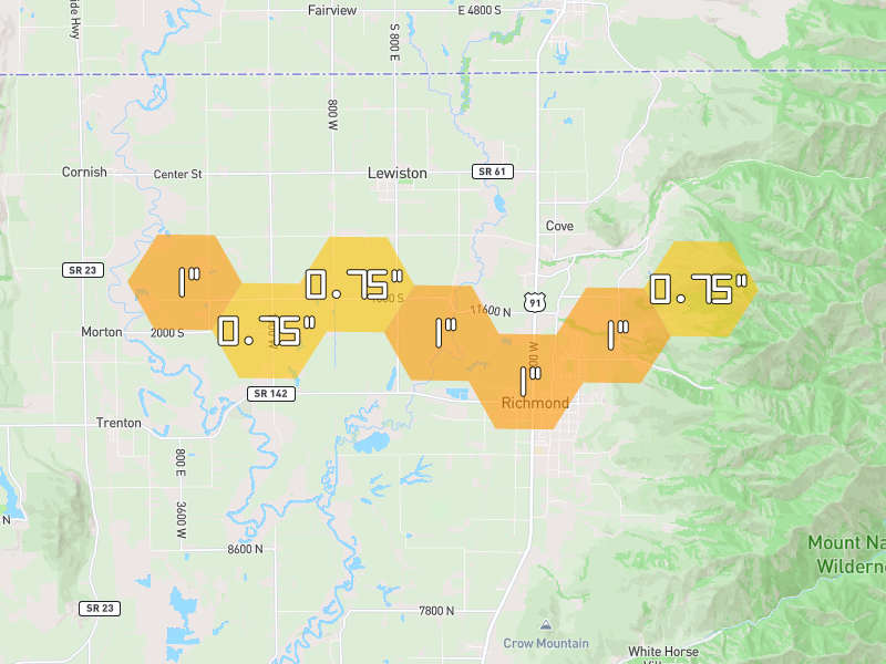 Hail map of Lewiston, UT on Jun 9, 2026, hail up to 1"
