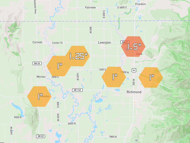 Hail map of Lewiston, UT on Jun 27, 2026, hail up to 1.5"