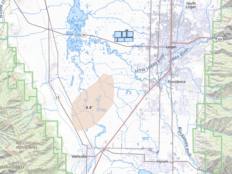 Radar-estimated hail-size map of the storm over Logan, UT on Apr 11, 2026
