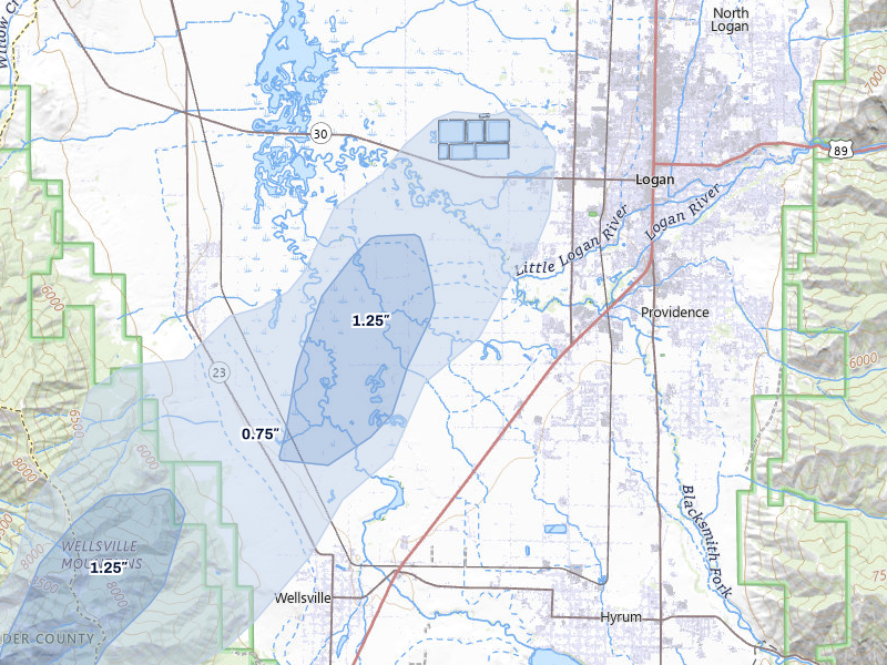 NEXRAD radar-signature map of the hail over Logan, UT