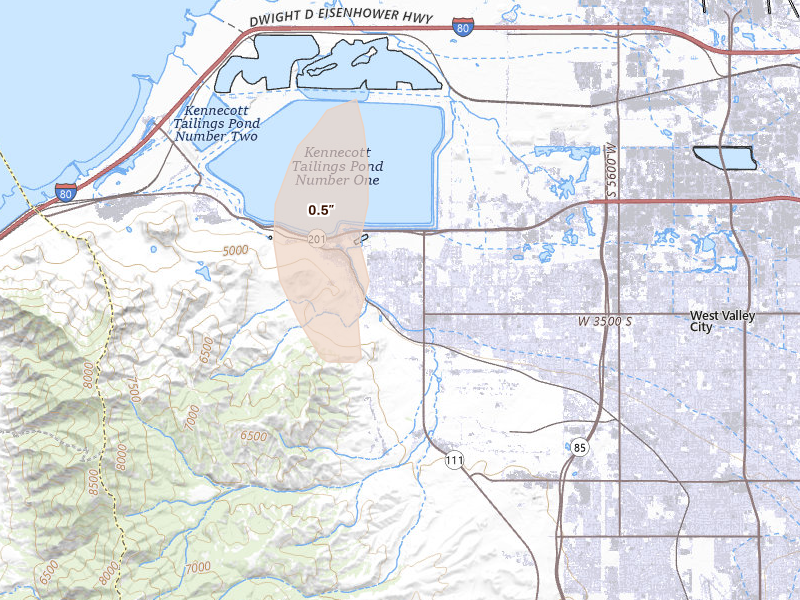 Radar-estimated hail-size map of the storm over Magna, UT on Aug 31, 2026