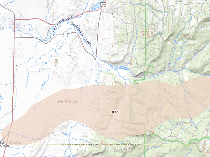 Radar-estimated hail-size map of the storm over Mayfield, UT on Aug 29, 2026