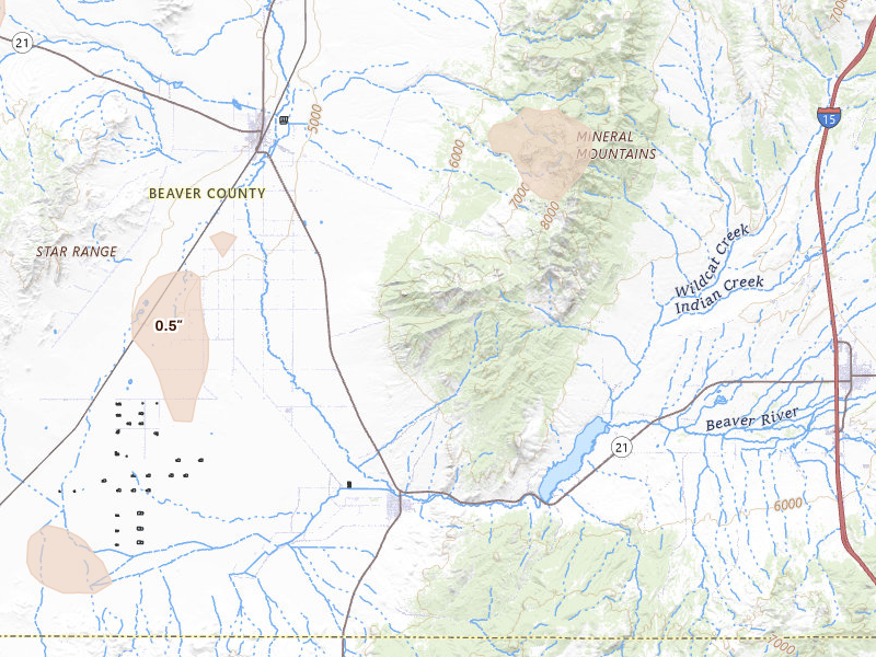 Radar-estimated hail-size map of the storm over Milford, UT on Jul 16, 2026