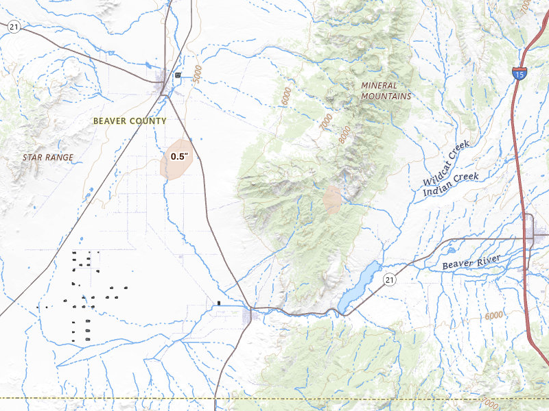 Radar-estimated hail-size map of the storm over Milford, UT on Jul 29, 2026
