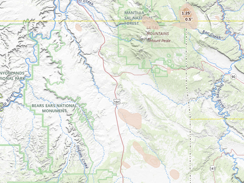 Radar-estimated hail-size map of the storm over Moab, UT on Jul 21, 2026