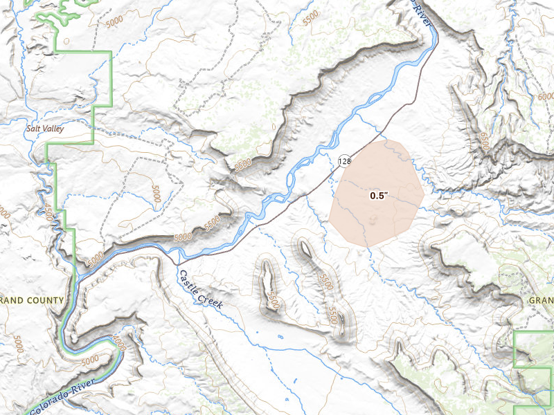 Radar-estimated hail-size map of the storm over Moab, UT on Aug 30, 2026