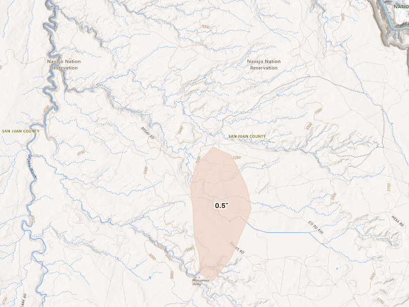 Radar-estimated hail-size map of the storm over Monument Valley, UT on Sep 16, 2026