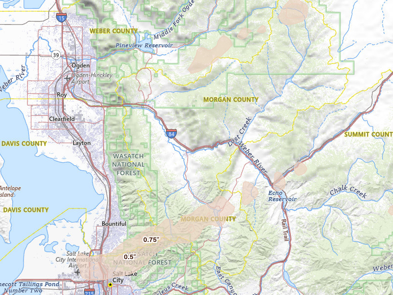 Radar-estimated hail-size map of the storm over Morgan, UT on Jun 27, 2026