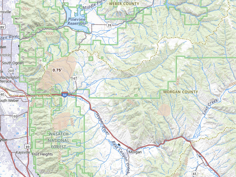 Radar-estimated hail-size map of the storm over Morgan, UT on Aug 23, 2026