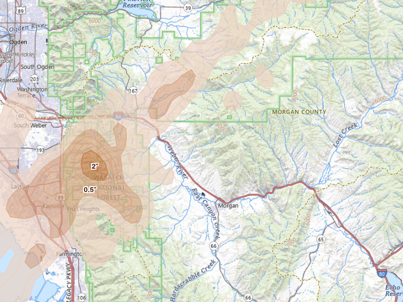 Radar-estimated hail-size map of the storm over Morgan, UT