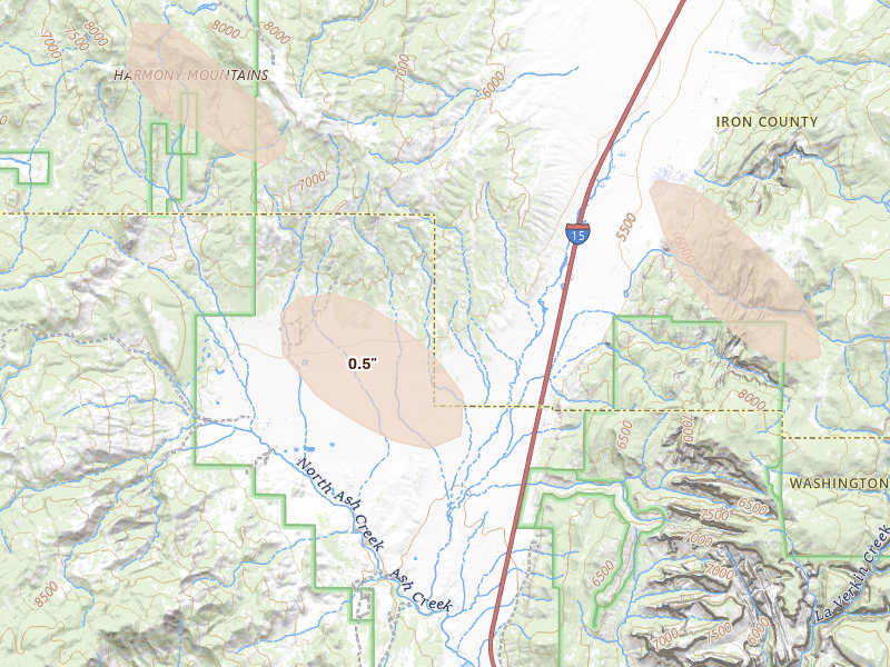Radar-estimated hail-size map of the storm over New Harmony, UT on Jul 18, 2026