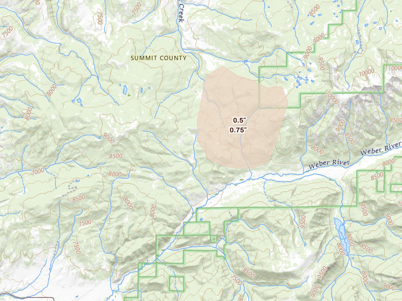 Radar-estimated hail-size map of the storm over Oakley, UT on Aug 9, 2026
