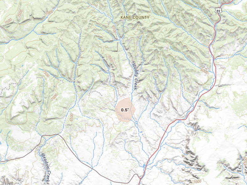 Radar-estimated hail-size map of the storm over Orderville, UT on Jul 16, 2026