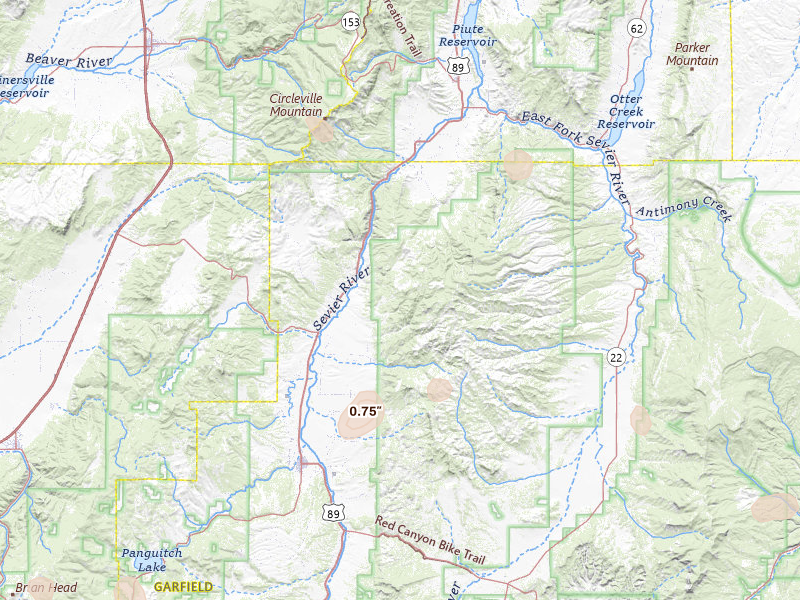 Radar-estimated hail-size map of the storm over Panguitch, UT on Jul 16, 2026