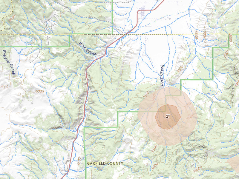 Radar-estimated hail-size map of the storm over Panguitch, UT on Jul 23, 2026