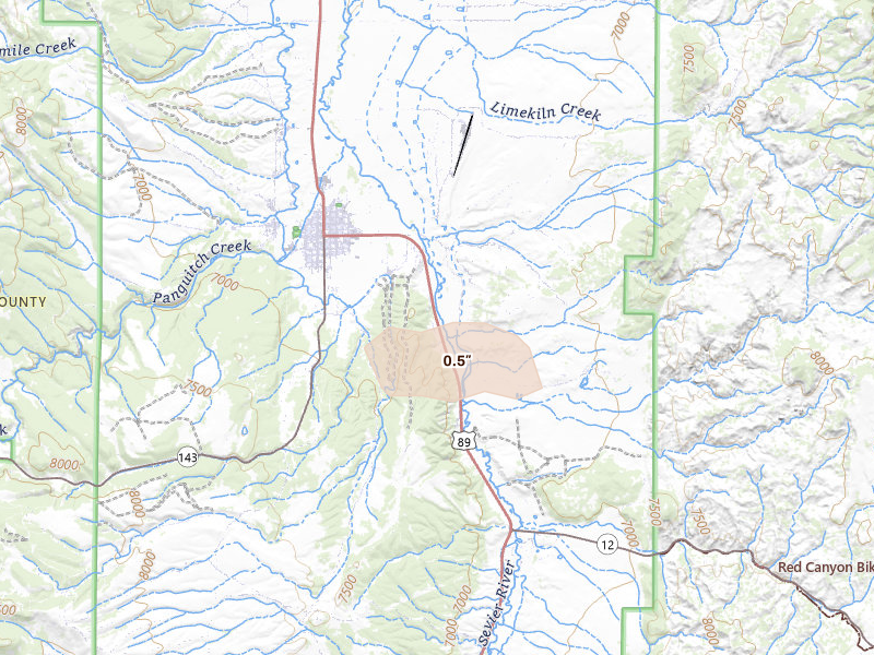 Radar-estimated hail-size map of the storm over Panguitch, UT on Aug 10, 2026