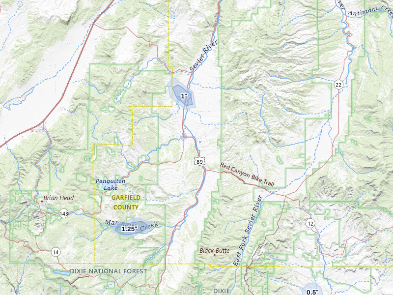 NEXRAD radar-signature map of the hail storm over Panguitch, UT on Aug 20, 2026