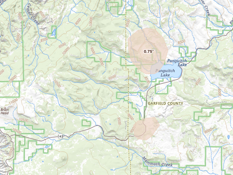 Radar-estimated hail-size map of the storm over Paragonah, UT on Jul 24, 2026