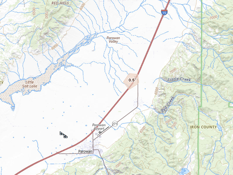 Radar-estimated hail-size map of the storm over Paragonah, UT on Aug 28, 2026
