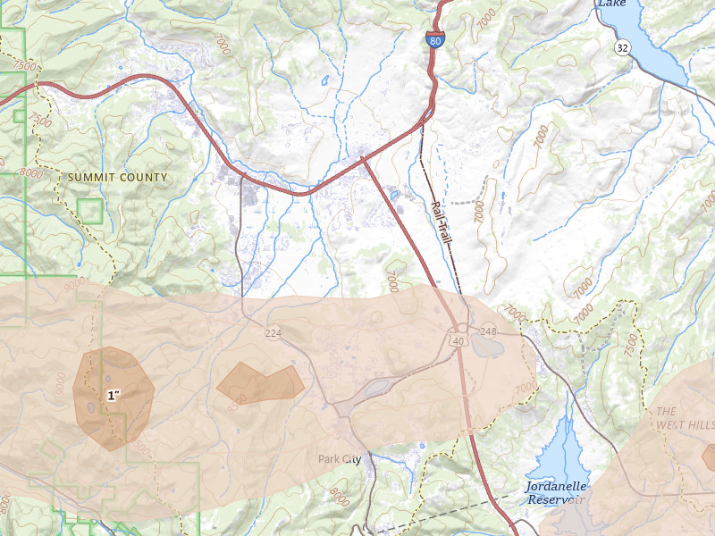 Radar-estimated hail-size map of the storm over Park City, UT on Jun 25, 2026