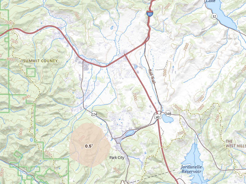 Radar-estimated hail-size map of the storm over Park City, UT on Jul 20, 2026