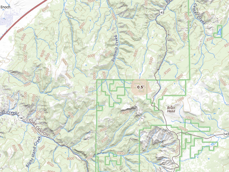 Radar-estimated hail-size map of the storm over Parowan, UT on Aug 12, 2026