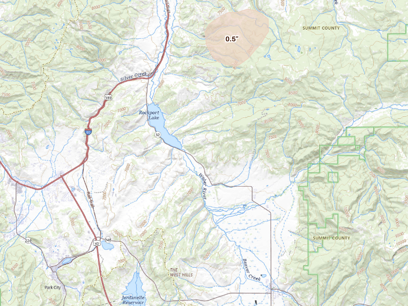 Radar-estimated hail-size map of the storm over Peoa, UT on Aug 27, 2026