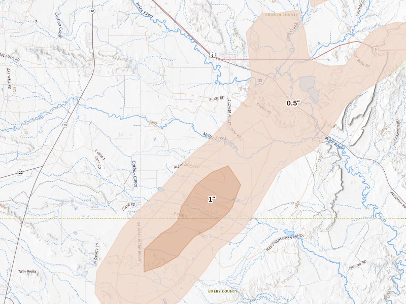 Radar-estimated hail-size map of the storm over Price, UT
