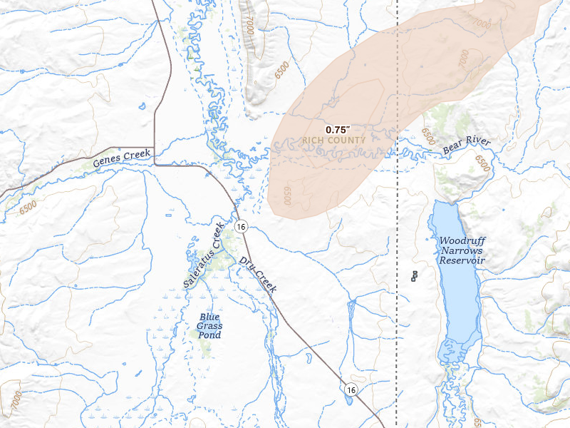 Radar-estimated hail-size map of the storm over Randolph, UT on Jul 7, 2026