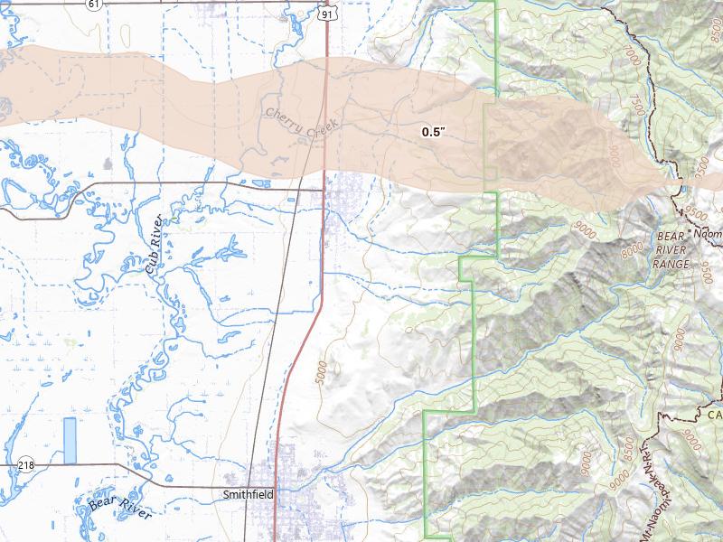 Radar-estimated hail-size map of the storm over Richmond, UT on Jun 9, 2026