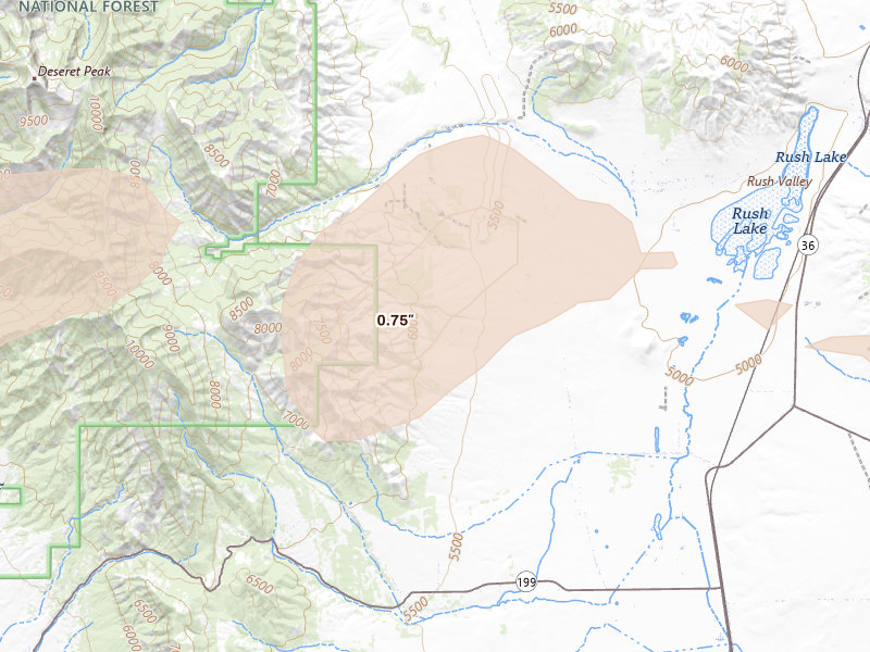 Radar-estimated hail-size map of the storm over Rush Valley, UT on Jun 25, 2026