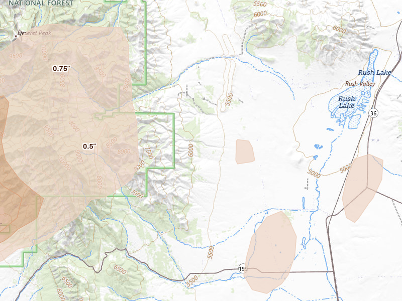 Radar-estimated hail-size map of the storm over Rush Valley, UT on Aug 13, 2026