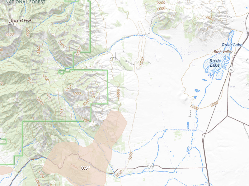 Radar-estimated hail-size map of the storm over Rush Valley, UT on Aug 29, 2026