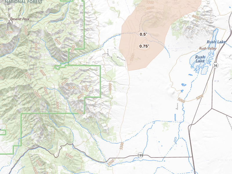 Radar-estimated hail-size map of the storm over Rush Valley, UT on Aug 31, 2026