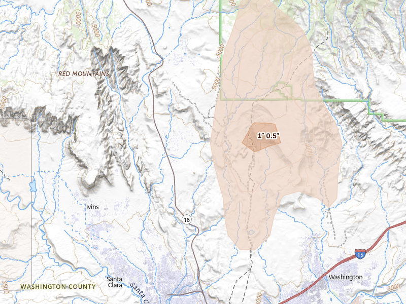Radar-estimated hail-size map of the storm over Saint George, UT on Aug 31, 2026