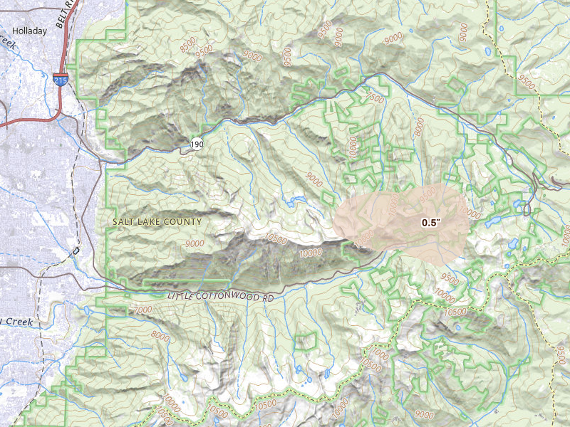 Radar-estimated hail-size map of the storm over Salt Lake City, UT on Jul 21, 2026
