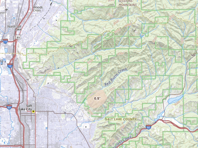Radar-estimated hail-size map of the storm over Salt Lake City, UT on Aug 22, 2026