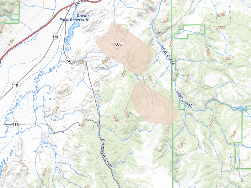 Radar-estimated hail-size map of the storm over Sigurd, UT on Jul 21, 2026