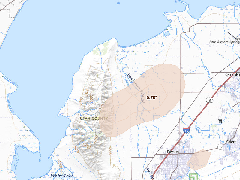 Radar-estimated hail-size map of the storm over Spanish Fork, UT on Aug 14, 2026