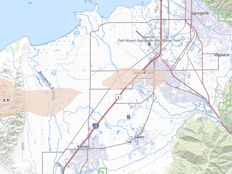 Radar-estimated hail-size map of the storm over Spanish Fork, UT on Aug 29, 2026