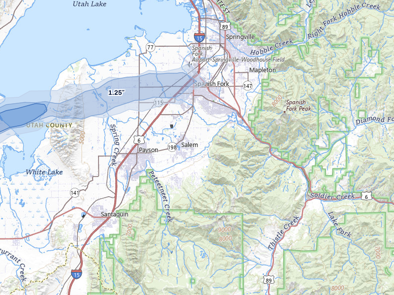 NEXRAD radar-signature map of the hail storm over Spanish Fork, UT on Aug 29, 2026