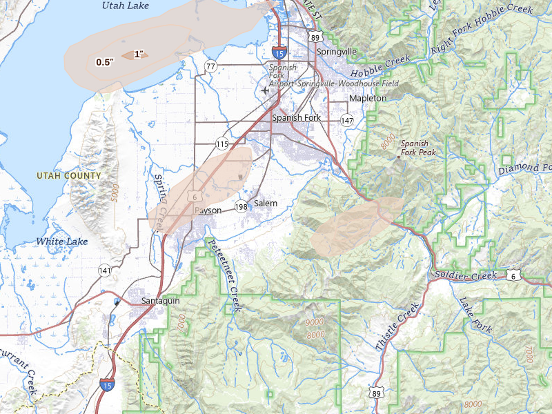 Radar-estimated hail-size map of the storm over Spanish Fork, UT on Aug 30, 2026