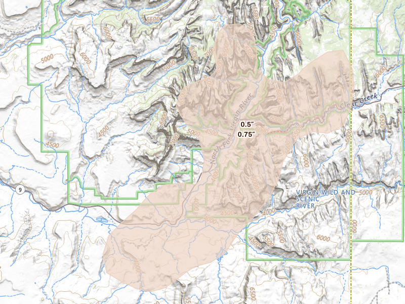 Radar-estimated hail-size map of the storm over Springdale, UT on Aug 31, 2026