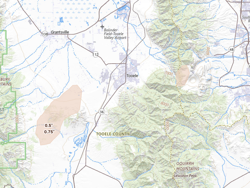 Radar-estimated hail-size map of the storm over Tooele, UT on Aug 31, 2026