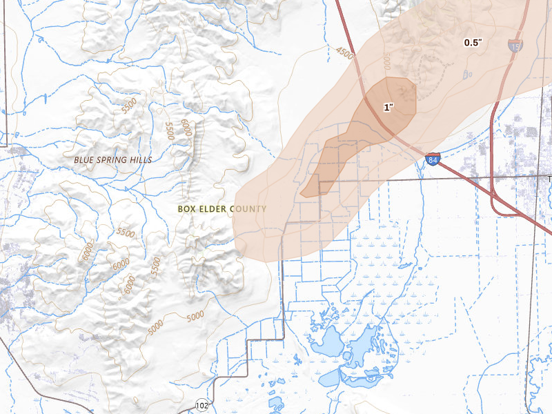 Radar-estimated hail-size map of the storm over Tremonton, UT on Jun 27, 2026