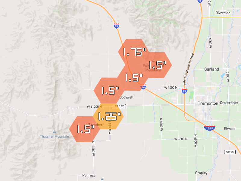 Hail map of Tremonton, UT on Jun 27, 2026, hail up to 1.75"