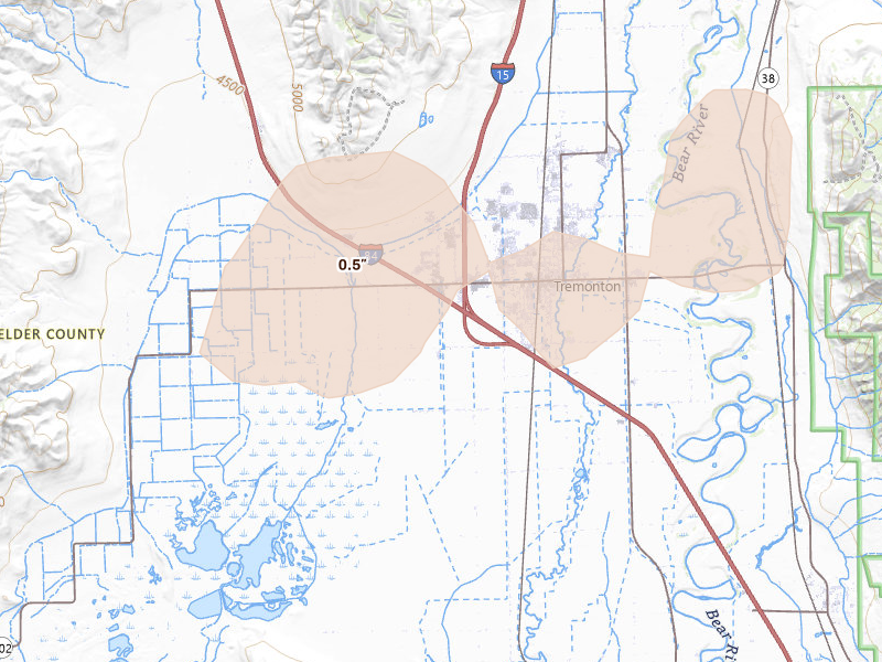 Radar-estimated hail-size map of the storm over Tremonton, UT on Aug 23, 2026