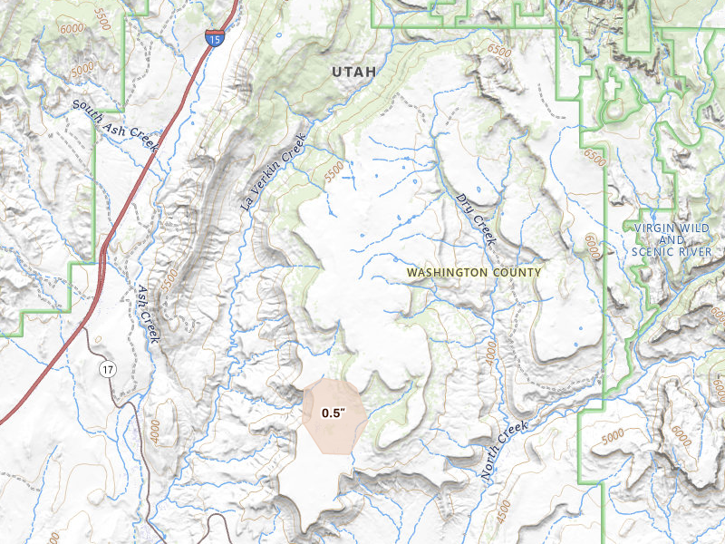 Radar-estimated hail-size map of the storm over Virgin, UT on Aug 14, 2026